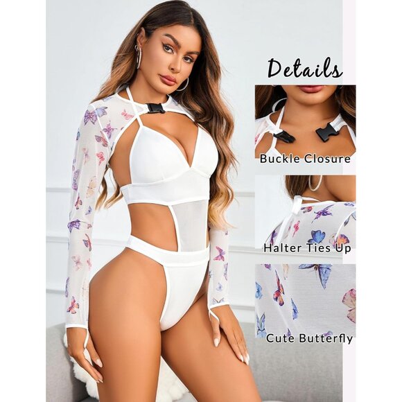 Women White 1 Festival Sexy Lingerie Bodysuit Buckle Shrug Crop Top Set Outfits - Picture 2 of 7